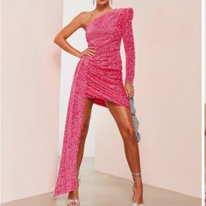 ASOS LUXE One Shoulder Asymmetric Draped Mini Dress in pink sequin, 4